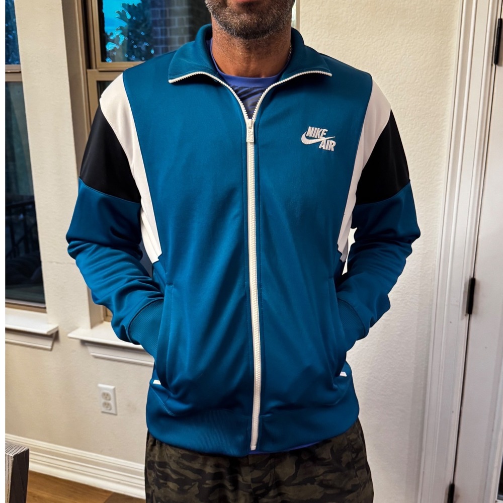 Nike Air Mens Track Jacket Teal Blue Black White Colorblock Full Zip Large